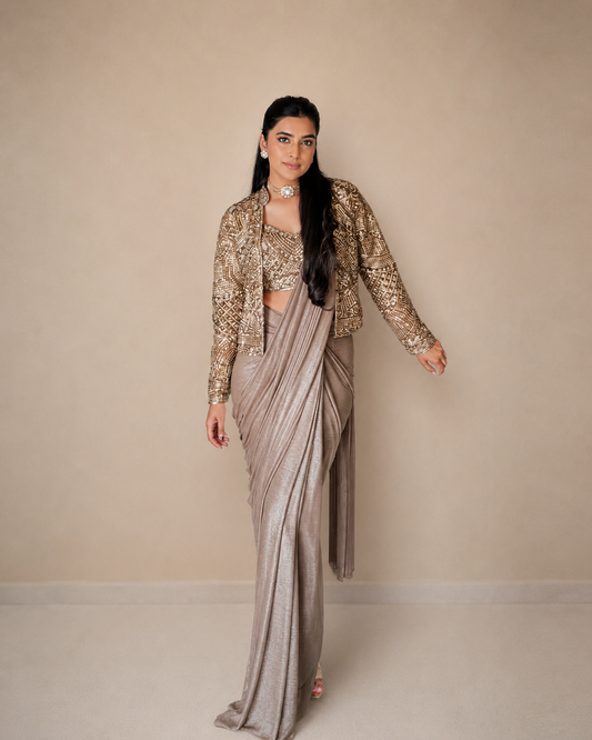 Ready to Wear Chinon Silk Lehenga Saree with Embroidered Jacket & Blouse