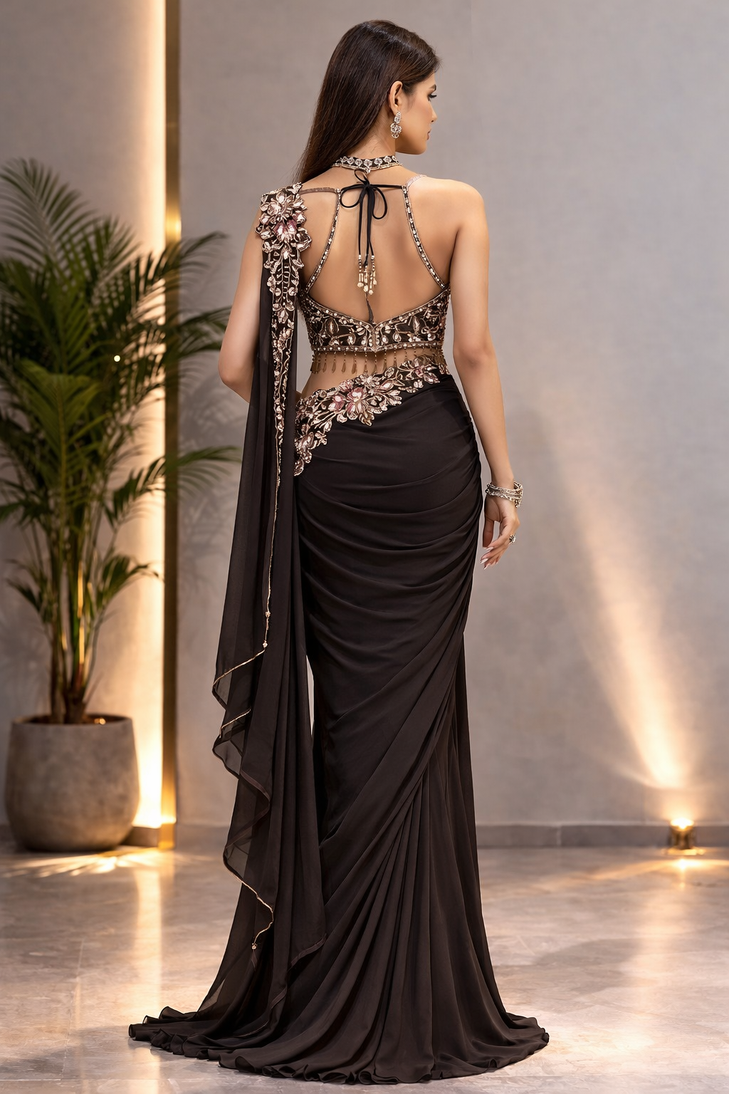 Super Trending Star Georgette Embroidery Sequence Ready To Wear Saree With Designer Blouse