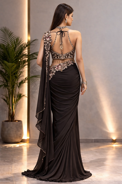 Super Trending Star Georgette Embroidery Sequence Ready To Wear Saree With Designer Blouse