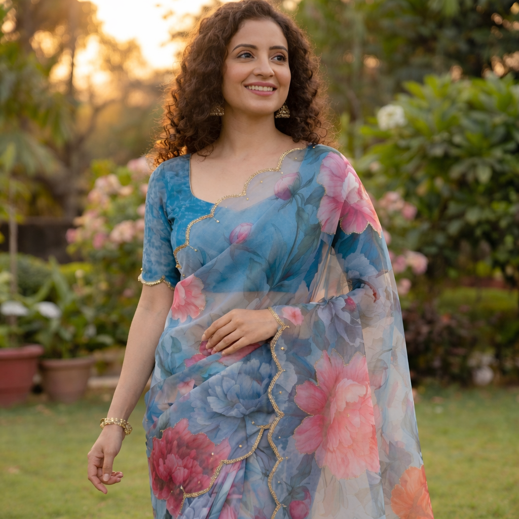 Soft Pure Georgette Digital Print Handwork Saree with Fancy Border