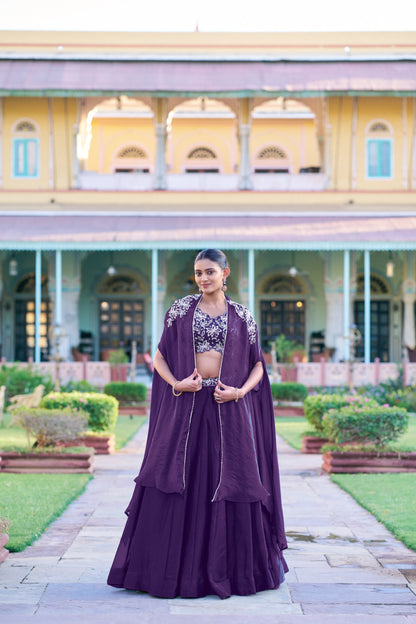Elegant Cape Style Fendi Silk Lehenga Set