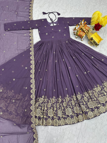Festival Wear Fox Georgette Embroidered Long Gown with Dupatta (Fully Stitched)