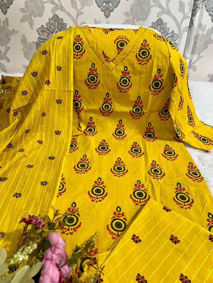 Pure Heavy Cotton Embroidered Kurti Pant Dupatta Set
