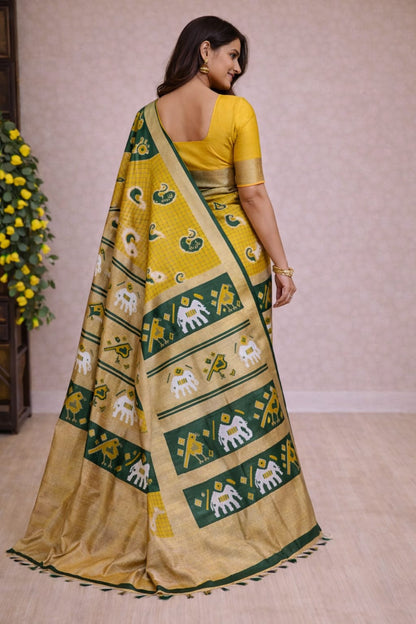 Soft Lichi Printed Saree with Elephant Border