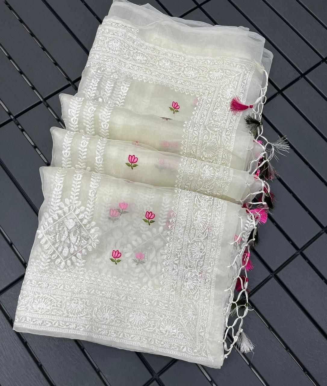 Pure Soft Organza Silk Saree with Lucknowi Embroidery & Silver Zari Work