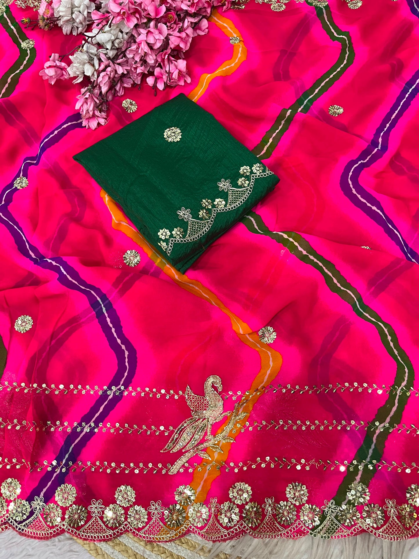 Premium Pink Organza Silk Saree with Heavy Embroidery & Mirror Work | Designer Party Wear Saree