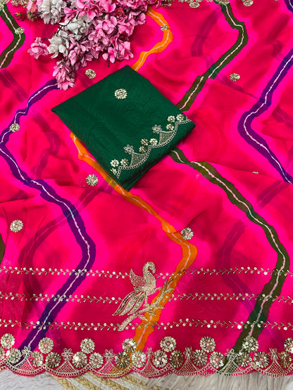 Premium Pink Organza Silk Saree with Heavy Embroidery & Mirror Work | Designer Party Wear Saree