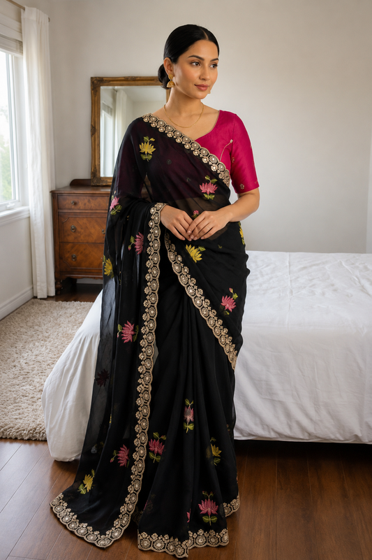 Designer Rangoli Silk Saree With Embroidery Work & Real Mirror Cutwork Border