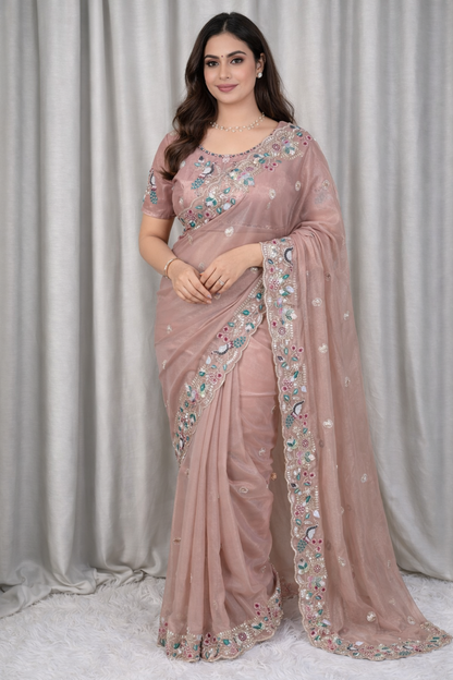 Multi thread Embroidered party Wear saree