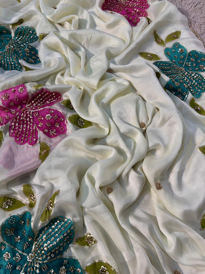 Premium Rangoli Silk Saree with Beads Work, Brush Print & Cutwork Border