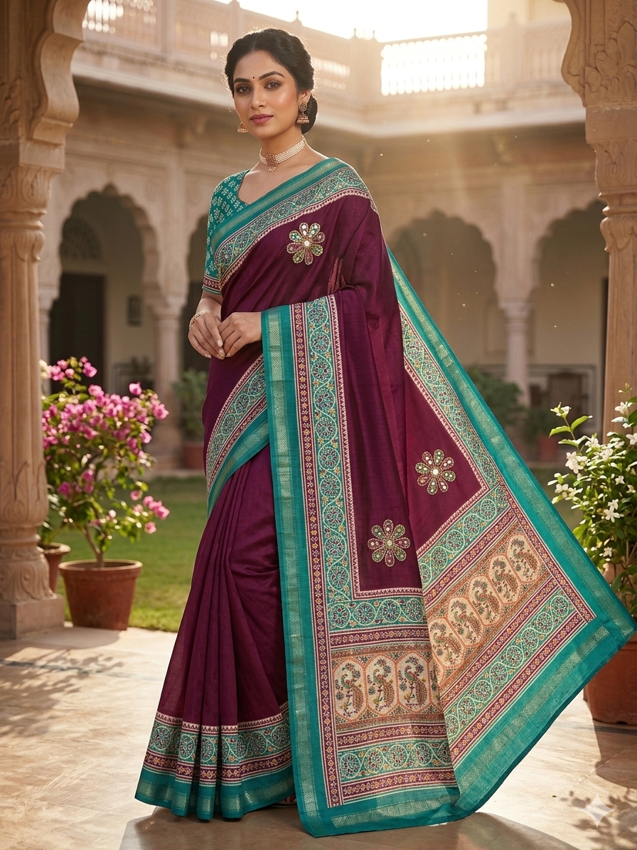 Premium Mul Cotton Printed Saree with Mirror Work & Designer Border