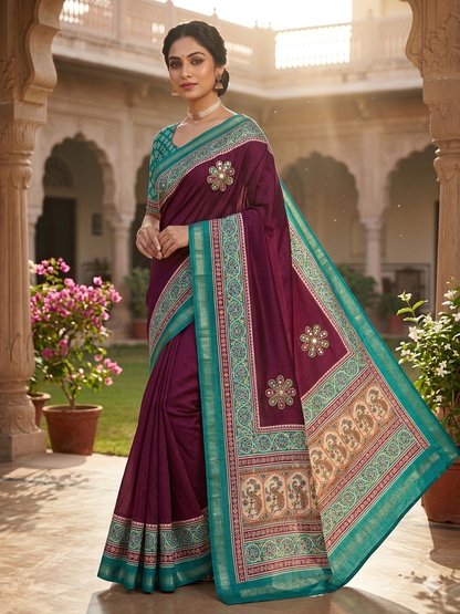 Premium Mul Cotton Printed Saree with Mirror Work & Designer Border