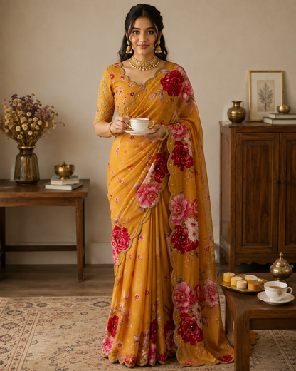 Guldasta Pure Georgette Silk Saree with Digital Floral Print & Cutdana Work