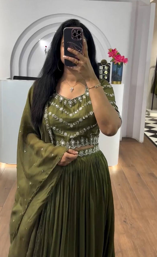 Festival Wear Chinon Lehenga Choli with Embroidery Sequence Work & Dupatta