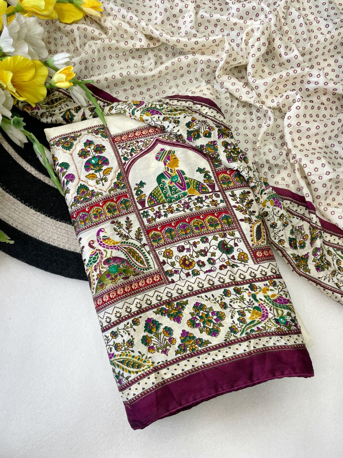 Premium Pure Moss Chiffon Saree with Peacock Floral Print & Mirror Work