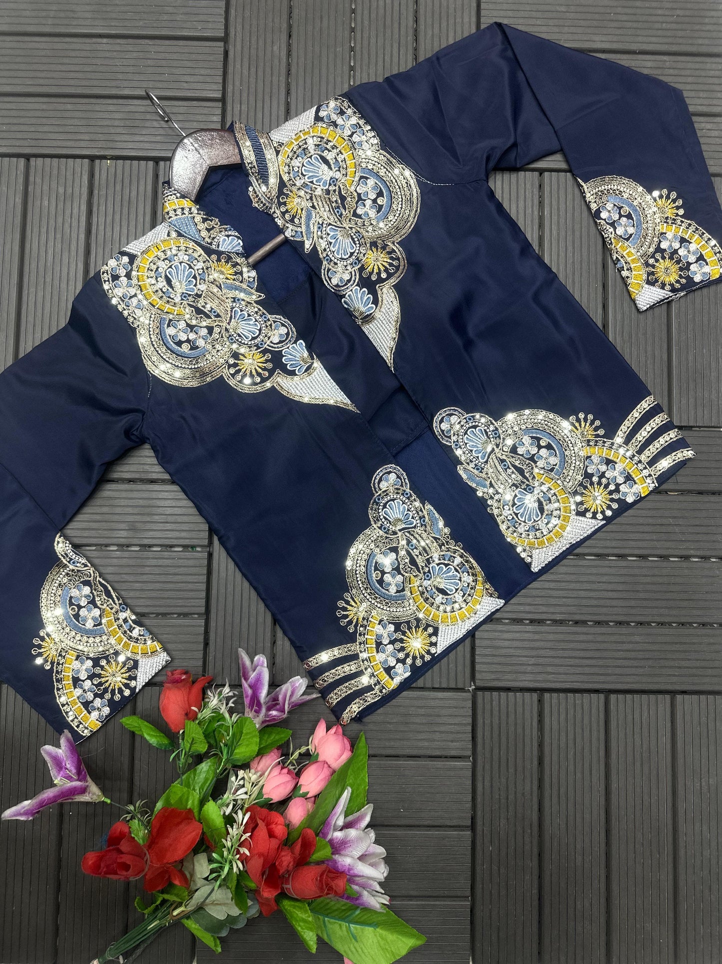 Ready to Wear Crepe Saree with Embroidery Sequence Jacket (Full Stitched)