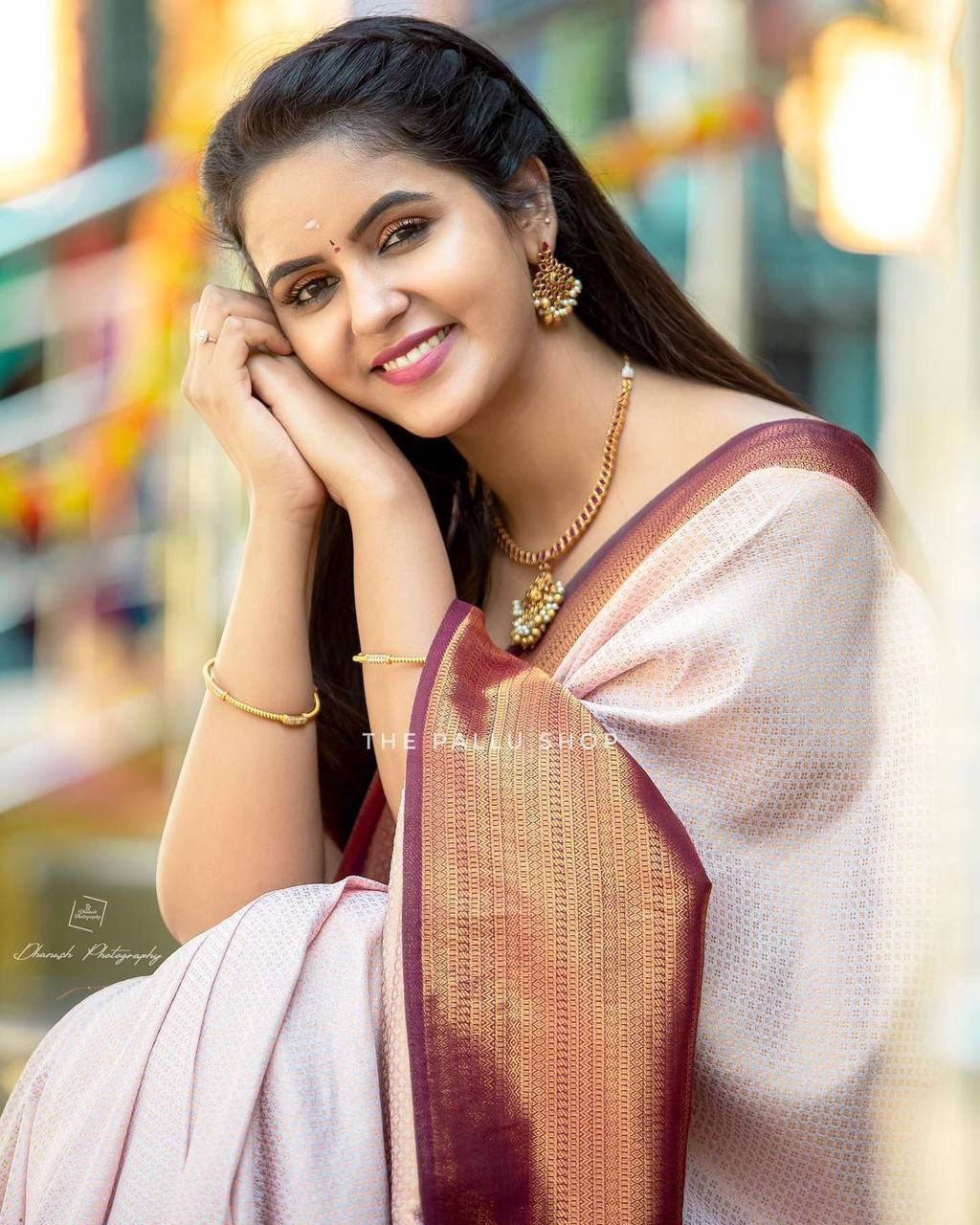 Cream Maroon Silk Saree