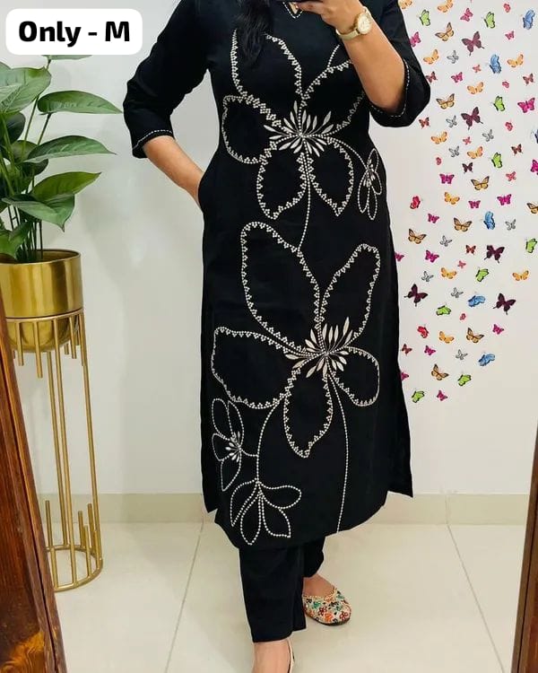 Best Seller Black Cotton Embroidered Kurti with Pant | Only M Size