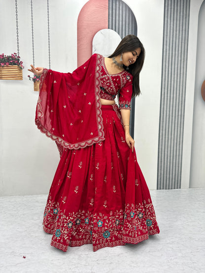 Festival Wear Heavy Embroidery Vichitra Silk Lehenga Choli Set | Red & Purple