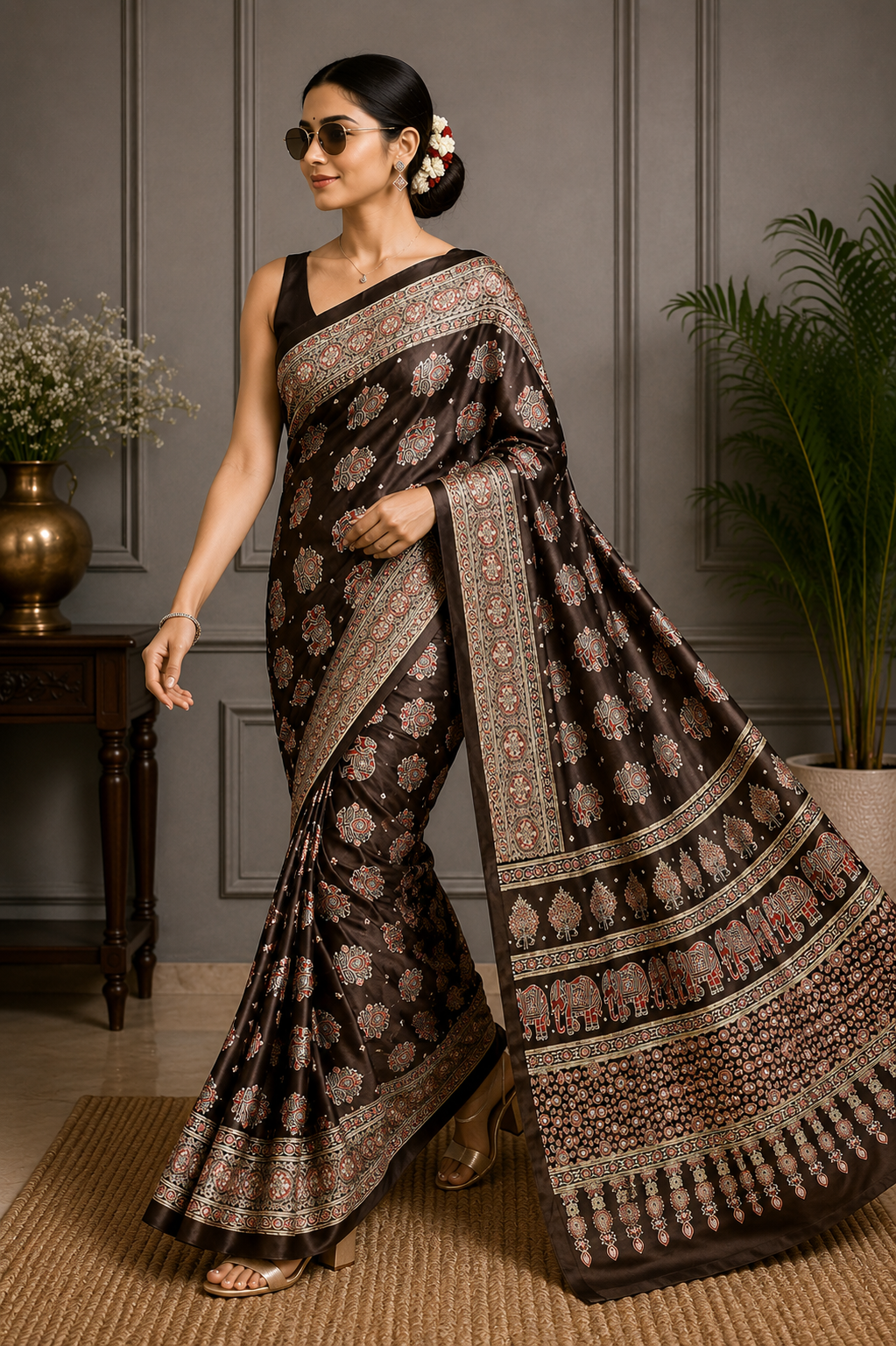 Elegant Ajrakh Pure Gajji Bandhej Soft Silk Saree With Mirror Work