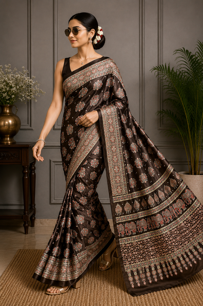 Elegant Ajrakh Pure Gajji Bandhej Soft Silk Saree With Mirror Work