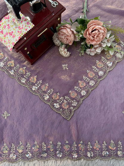 Women Lavender Fendy Silk Heavy Beads & Sequins Embroidered Designer Saree