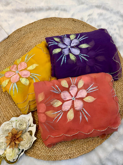 Pure Bari Chiffon Saree with Handwork & Floral Hand Print