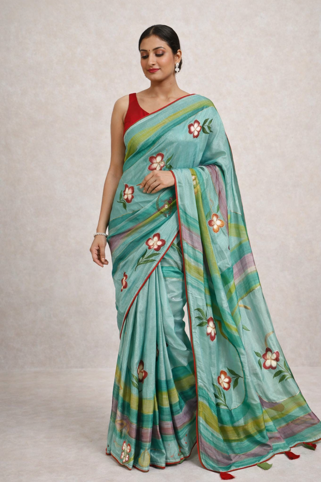 Elegant Floral Printed Soft Silk Saree with Multi Color Border