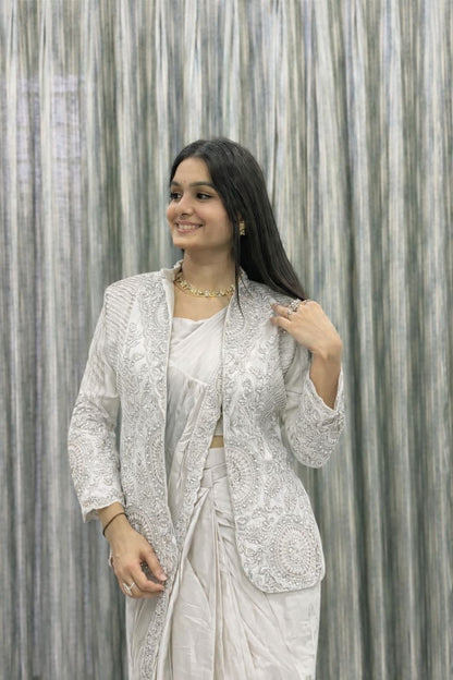 Heavy Rangoli Ready to Wear Saree with Embroidery Sequence Koti