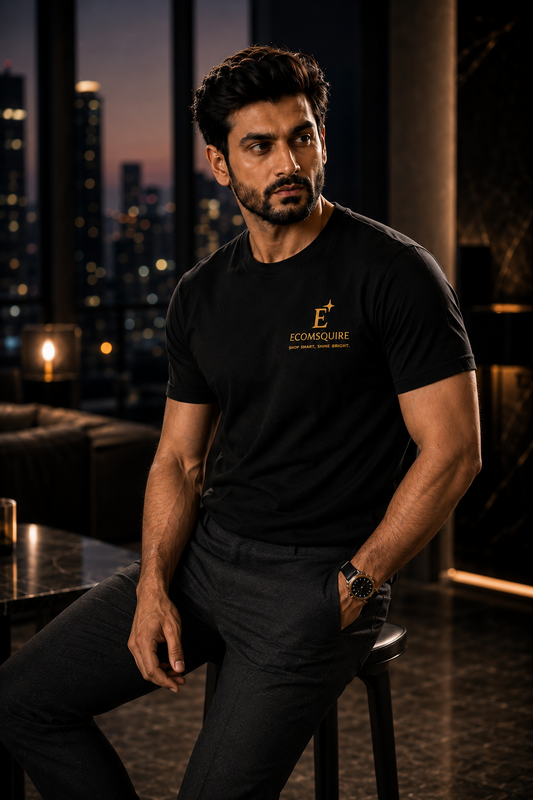 Ecomsquire Premium Black Crew Neck T-Shirt | Gold Logo Edition