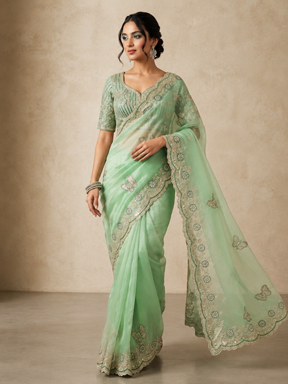 Sabyasachi Inspired Space Silk Saree with Butterfly Embroidery & Stitched Blouse