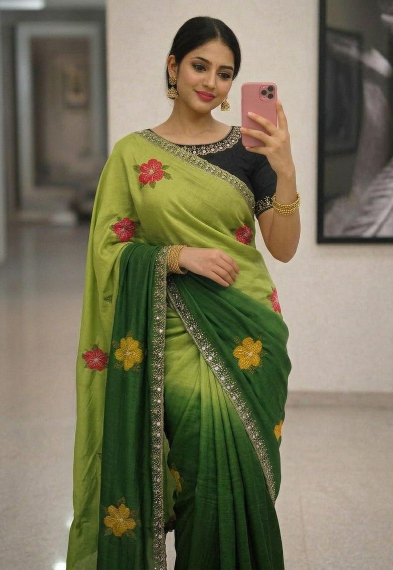 Soft Chinon Dual Shade Silk Saree with Embroidery & Mirror Work