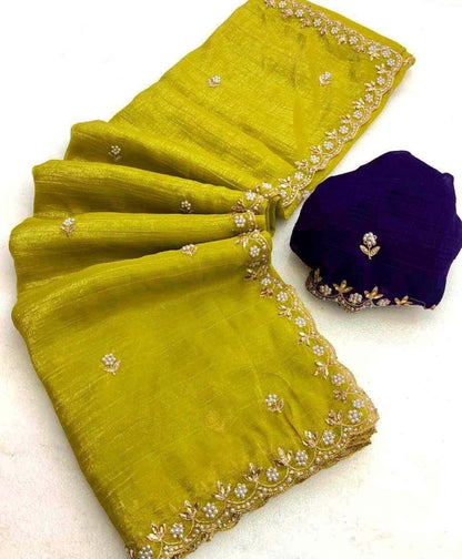 Moss Chiffon Saree with Zari Embroidery Handwork & Cut Work Border
