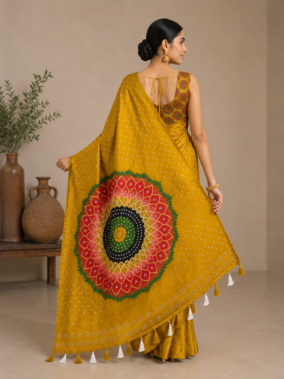 Premium Japan Satin Mirror Work Saree with Tassel Pallu