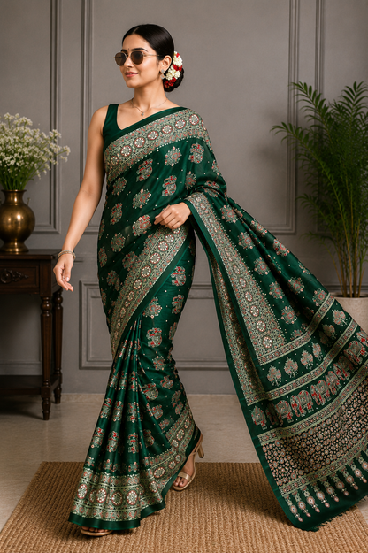 Elegant Ajrakh Pure Gajji Bandhej Soft Silk Saree With Mirror Work
