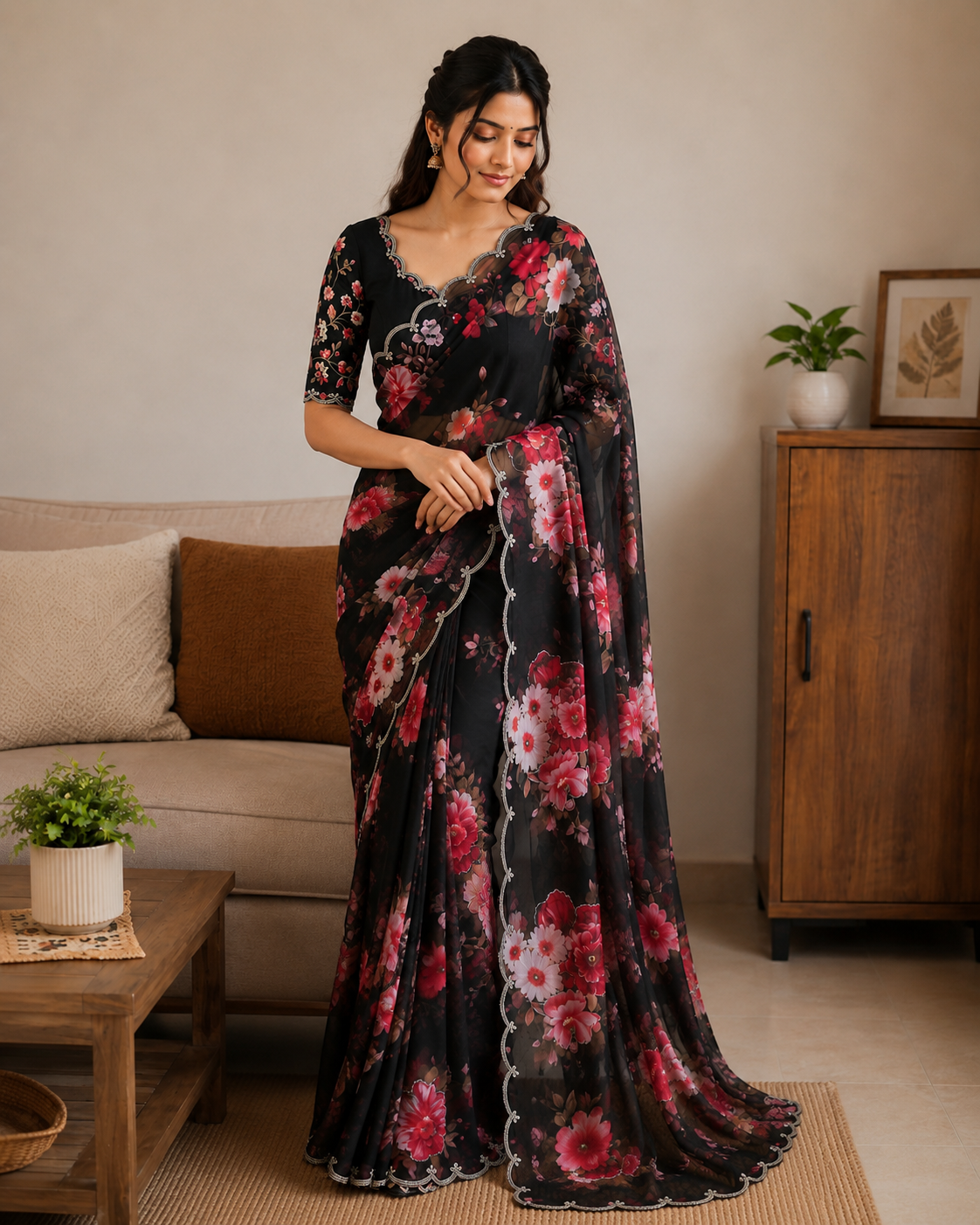 Guldasta Pure Georgette Silk Saree with Digital Floral Print & Cutdana Work