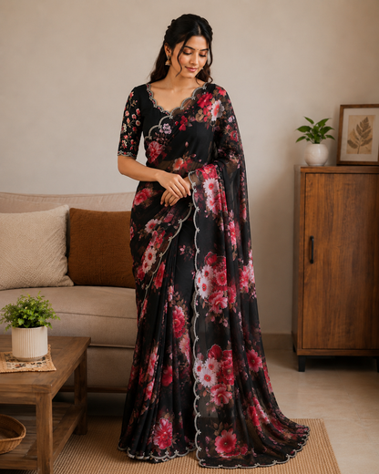 Guldasta Pure Georgette Silk Saree with Digital Floral Print & Cutdana Work