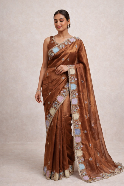 Star Satin Georgette Saree with Thread & Sequins Embroidery Border