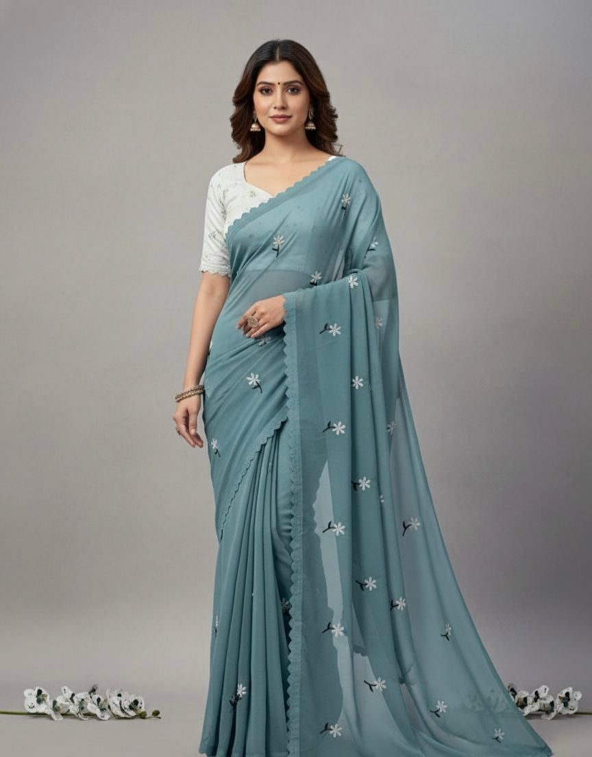 Floral Embroidered Georgette Saree – Lightweight Daily & Party Wear