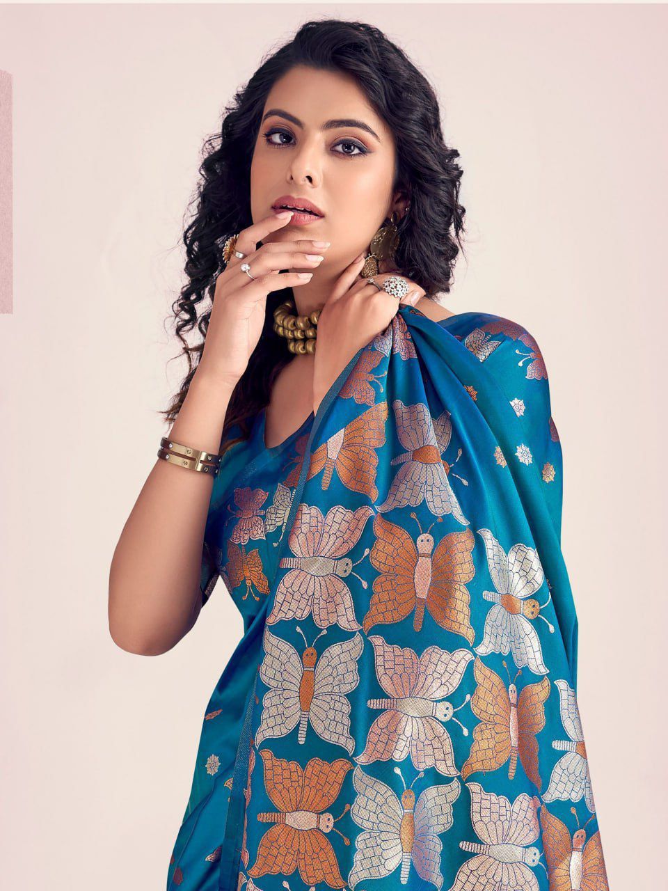 Teal Blue Butterfly Printed Silk Look Saree