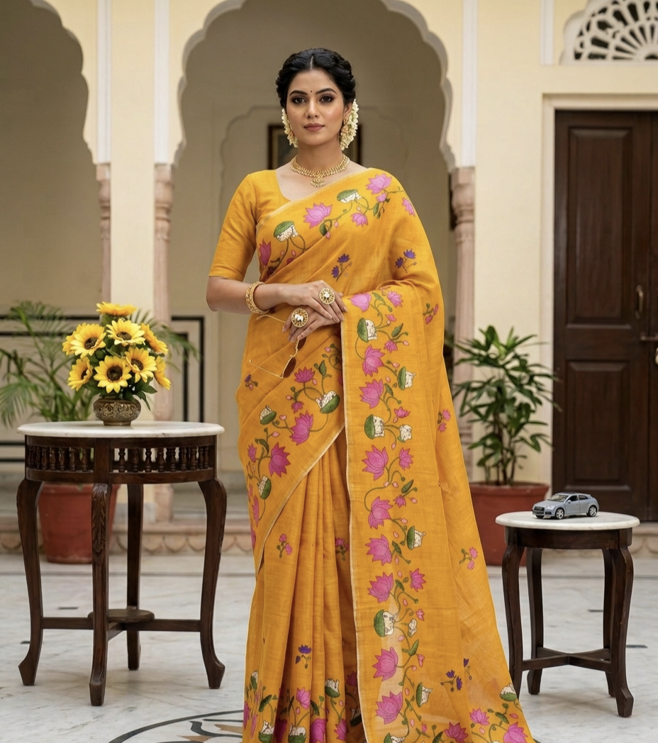 Premium Linen Cotton Floral Print Saree With Tassels & Blouse Piece | Soft Lightweight Daily Wear Saree