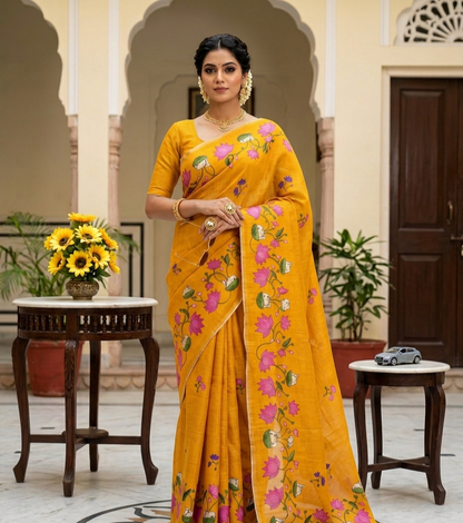 Premium Linen Cotton Floral Print Saree With Tassels & Blouse Piece | Soft Lightweight Daily Wear Saree