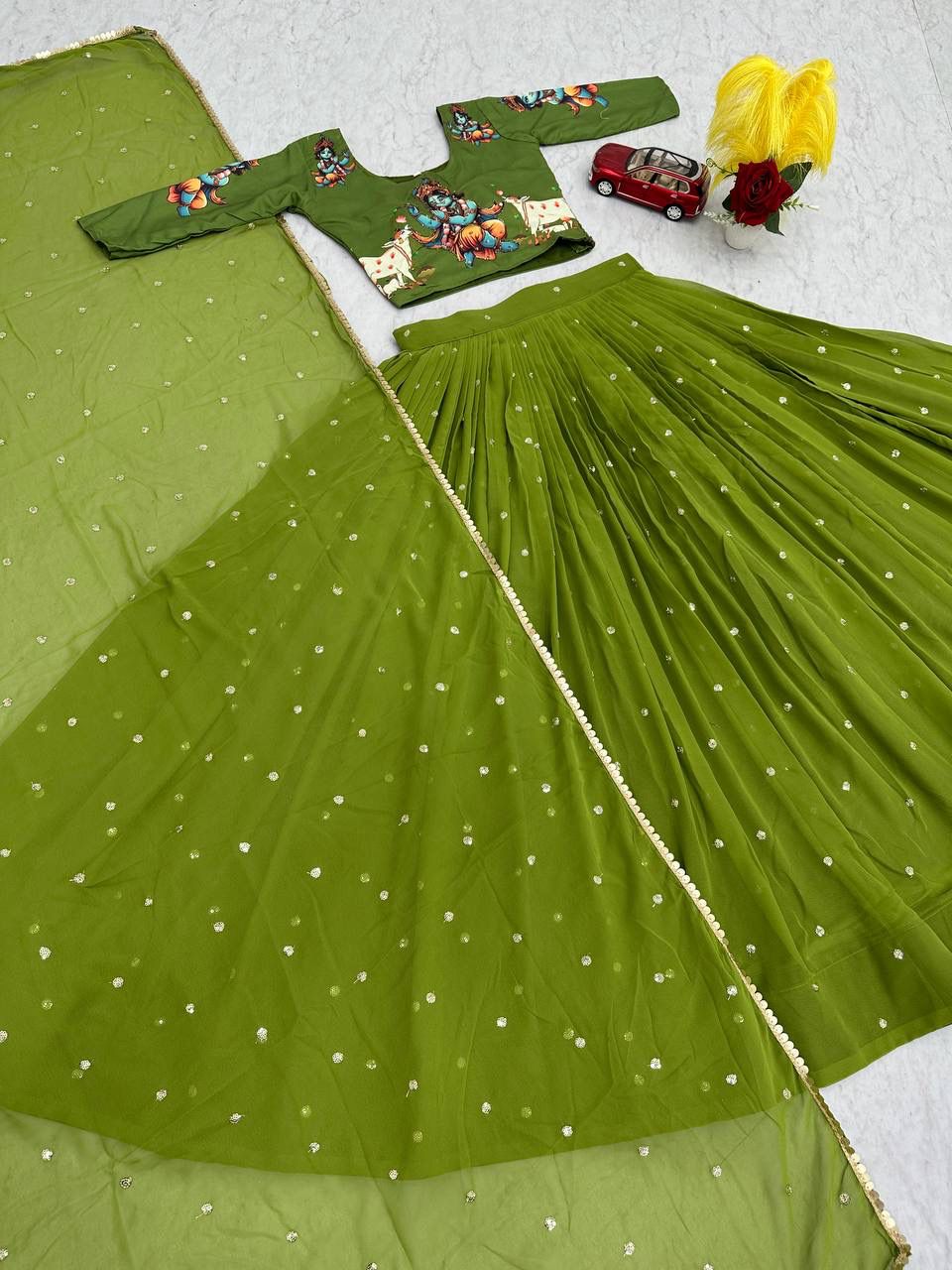 Women Kalamkari Print Lehenga Choli with Georgette Lehenga & Embroidered Dupatta