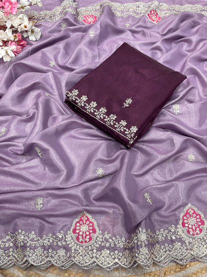 Blooming Chocolate Silk Embroidery Designer Saree With Unstitched Blouse
