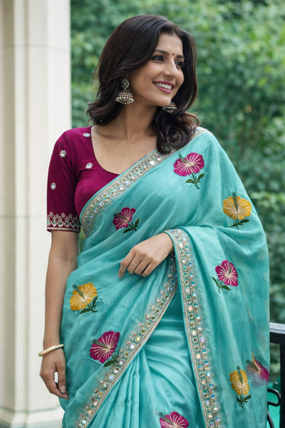 Soft Rangoli Silk Saree with Floral Embroidery & Mirror Work Border