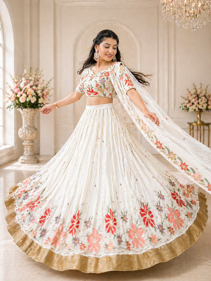 White Embroidered Georgette Lehenga Choli with Dupatta – Wedding & Festive Wear