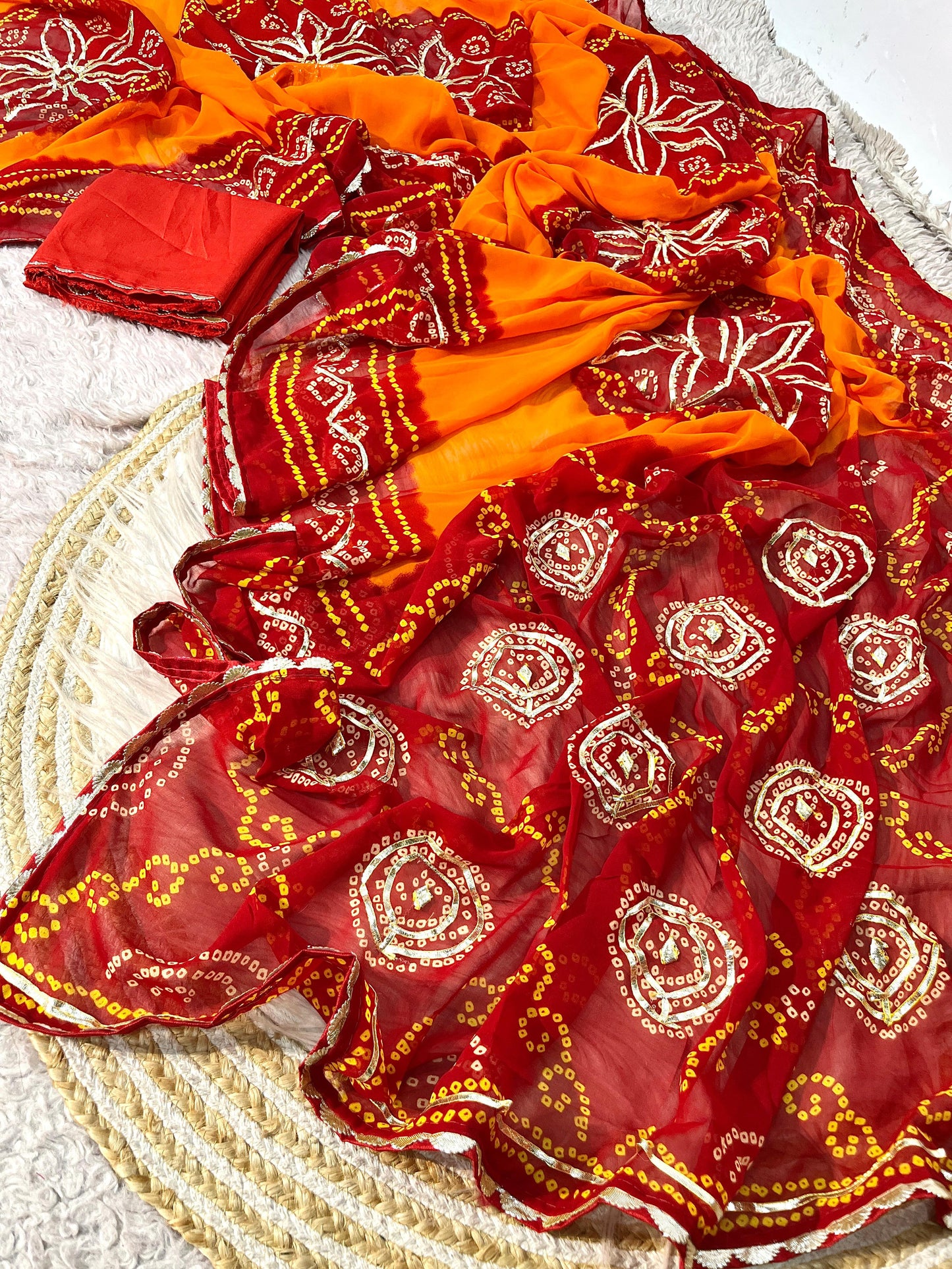 Traditional Georgette Bandhej Piliya Saree with Red Pallu & Kacchi Gota Patti Work