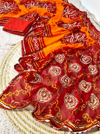 Traditional Georgette Bandhej Piliya Saree with Red Pallu & Kacchi Gota Patti Work