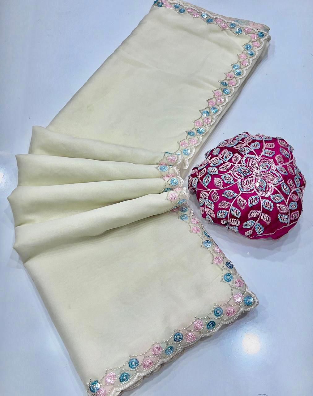 White Star Satin Georgette Handwork Saree