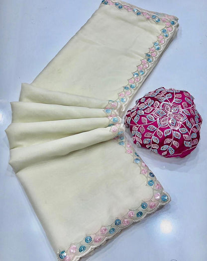 White Star Satin Georgette Handwork Saree